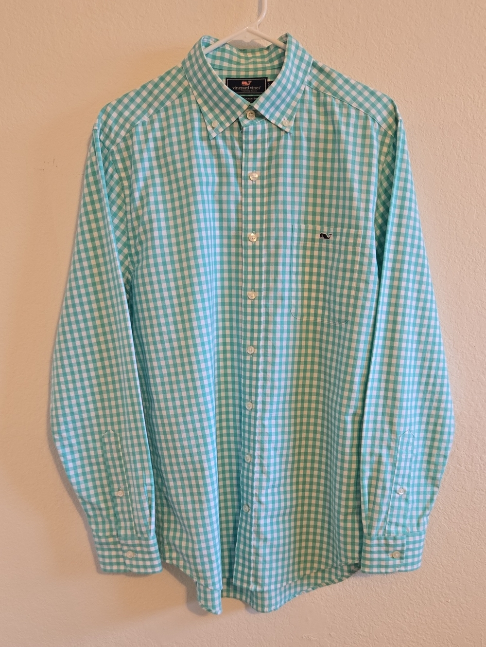 Vineyard Vines Aqua and White Gingham Button-Down Shirt - Medium